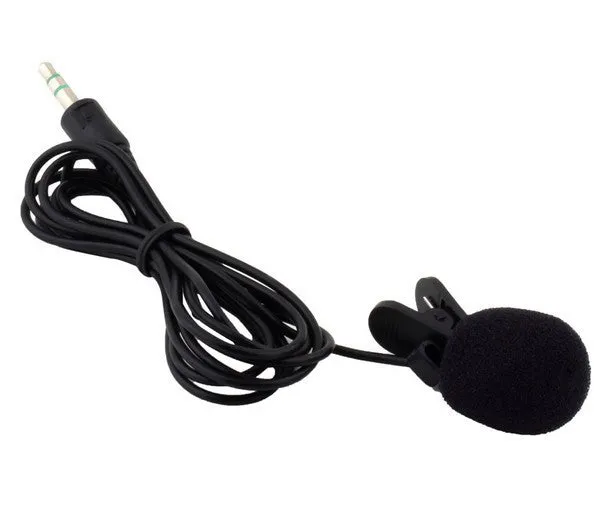 Black lavalier condenser microphone with 3.5mm plug and 2-metre cable for recording