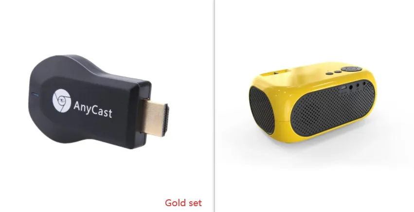 M24 portable mini LED projector in gold or white, showing compact size and included accessories.