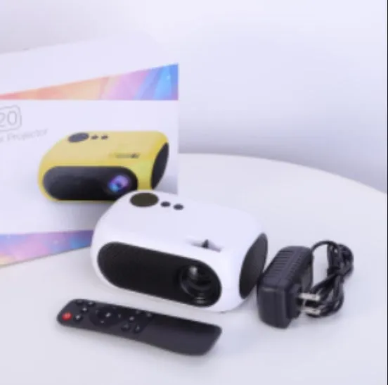 M24 portable mini LED projector in gold or white, showing compact size and included accessories.