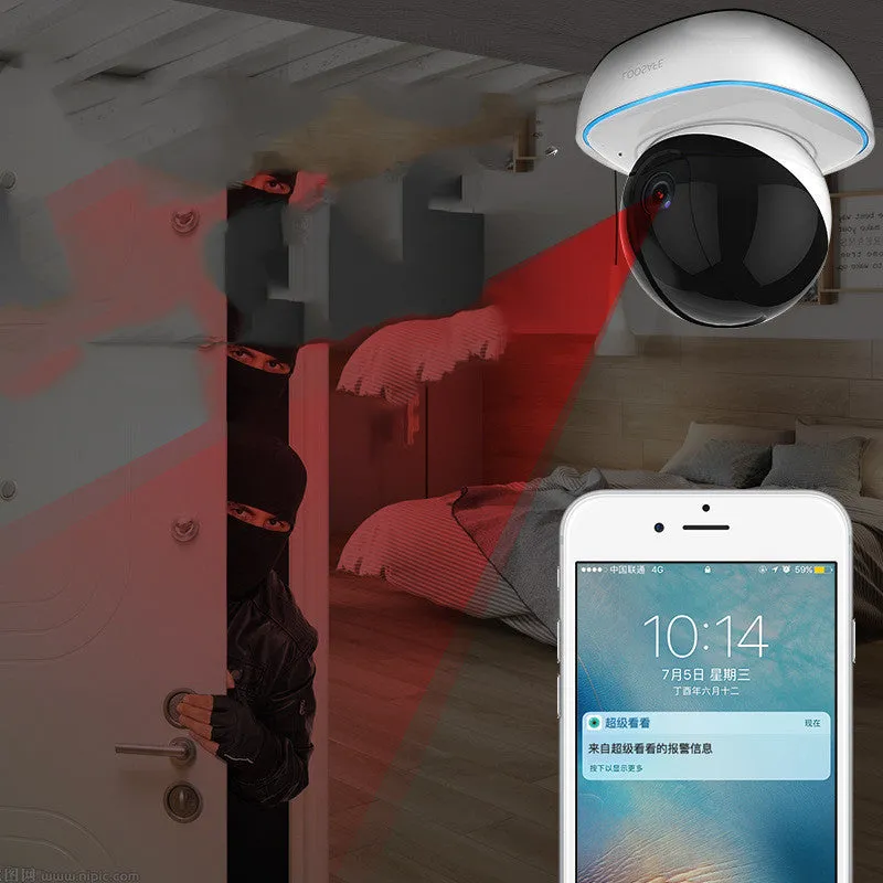 Wireless 1080p indoor dome surveillance camera with infrared night vision and PTZ control mounted on a white ceiling