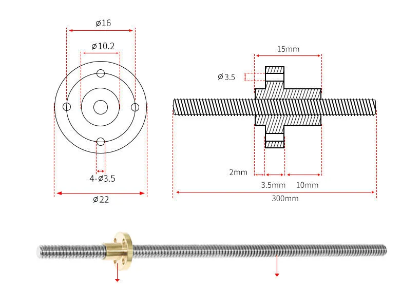 T-shaped trapezoid screw with nut for 3D printer stepping motor drive, multiple lengths available