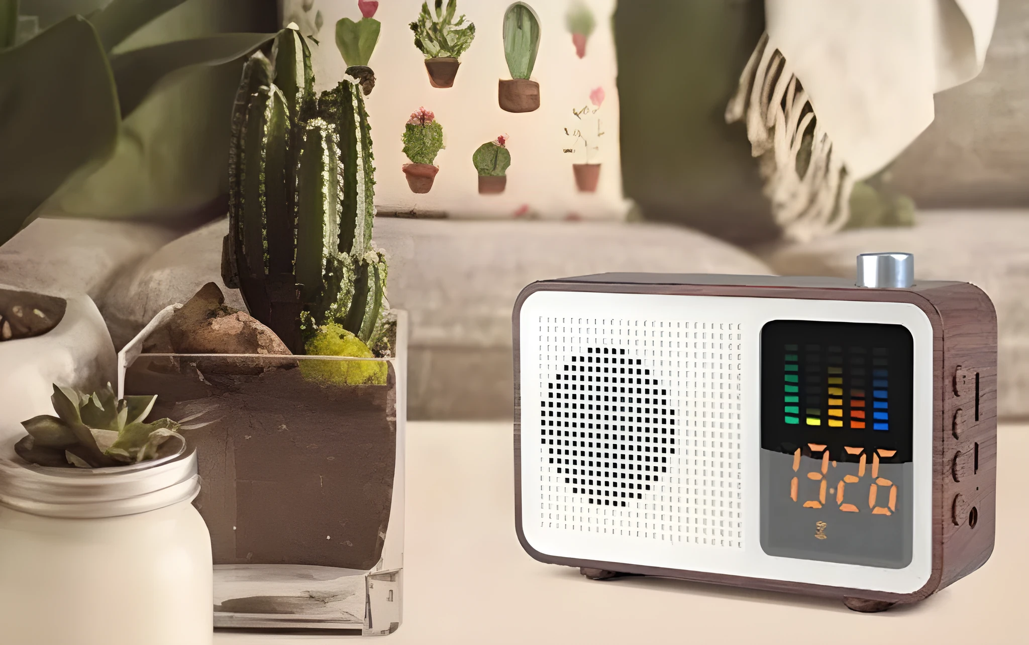 Brown wooden retro Bluetooth speaker with FM radio, LED display, and classic cabinet design.