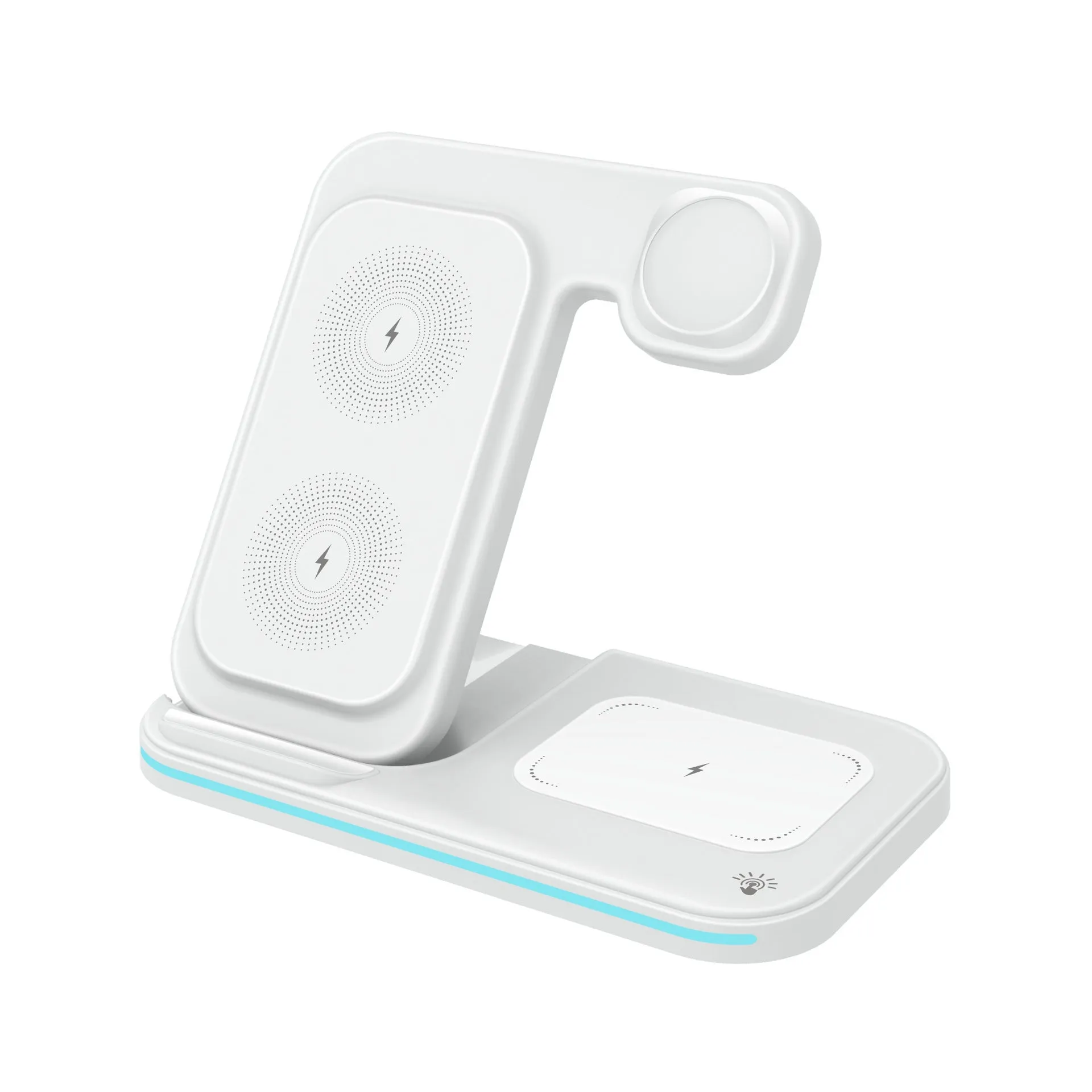 3-in-1 foldable wireless fast charger for phone headset watch in white ABS casing