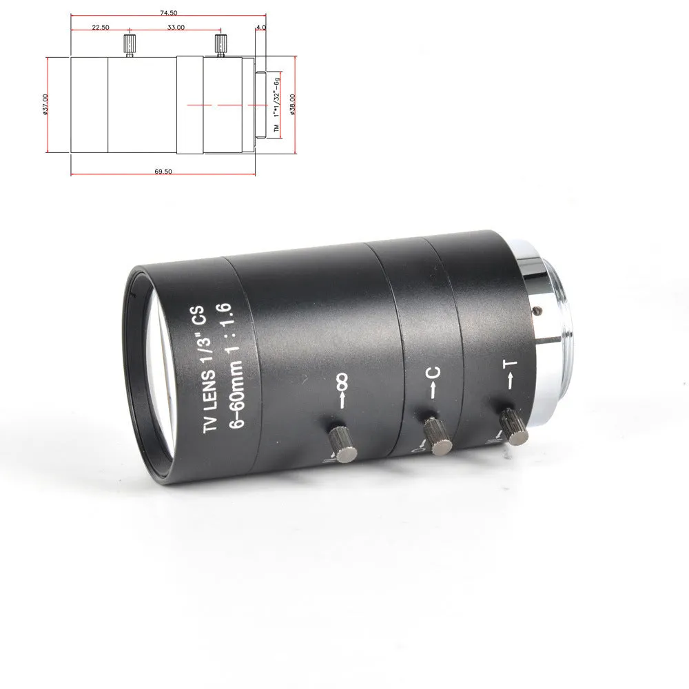 Black manual aperture 6-60mm CS mount camera lens for 1/3 inch sensor cameras