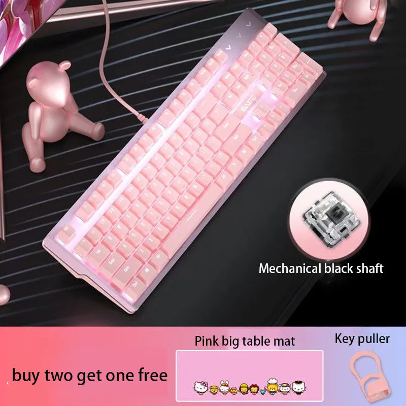 Pink mechanical keyboard and mouse set with white backlight, wired USB, and multimedia keys