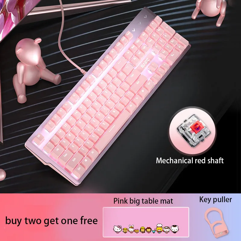 Pink mechanical keyboard and mouse set with white backlight, wired USB, and multimedia keys