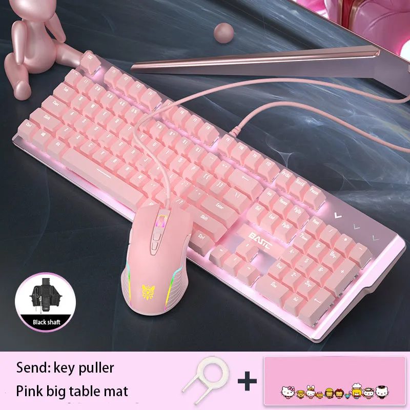 Pink mechanical keyboard and mouse set with white backlight, wired USB, and multimedia keys