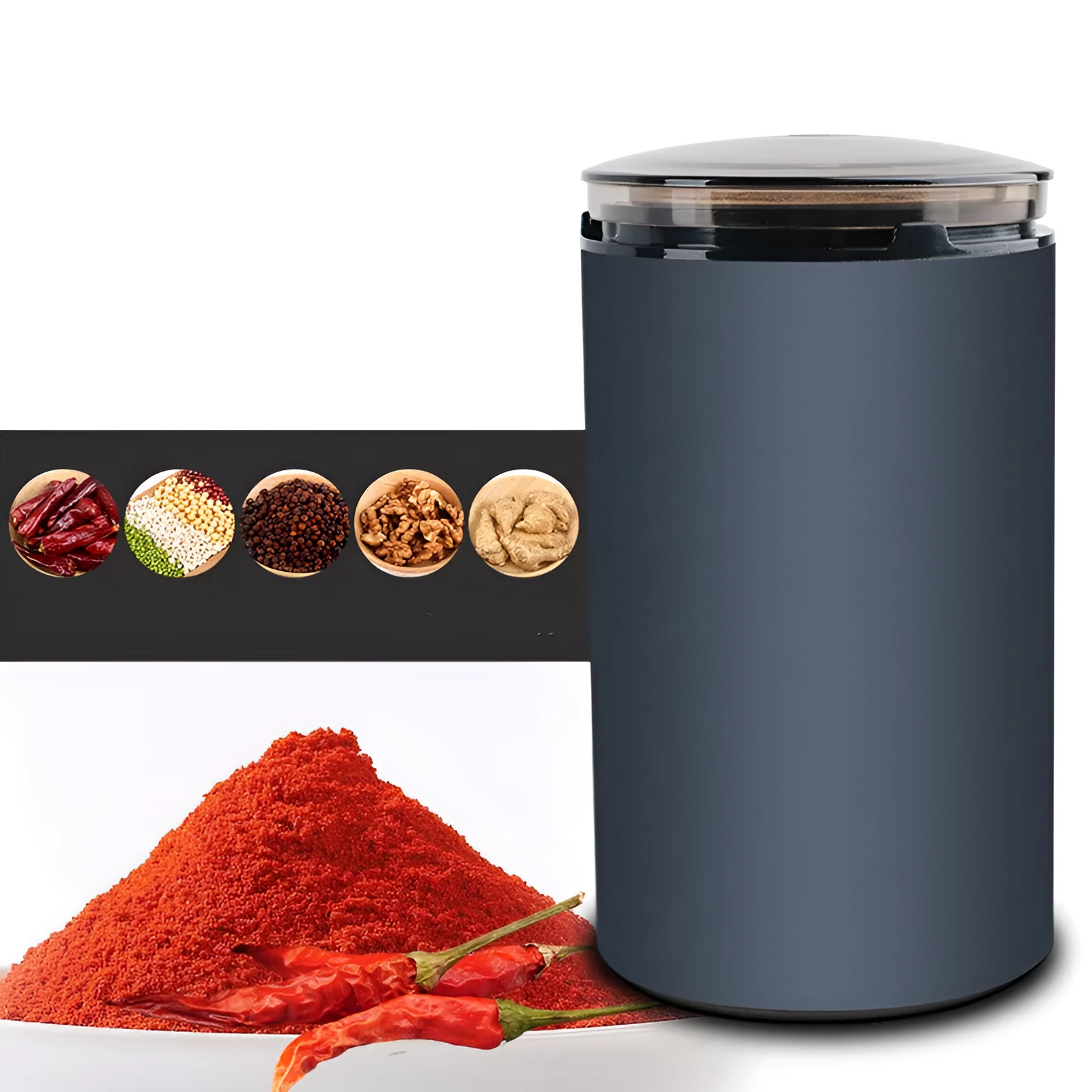 Electric herb grinder model 150A in Navy colour with aluminium alloy cup body and 220V power cord