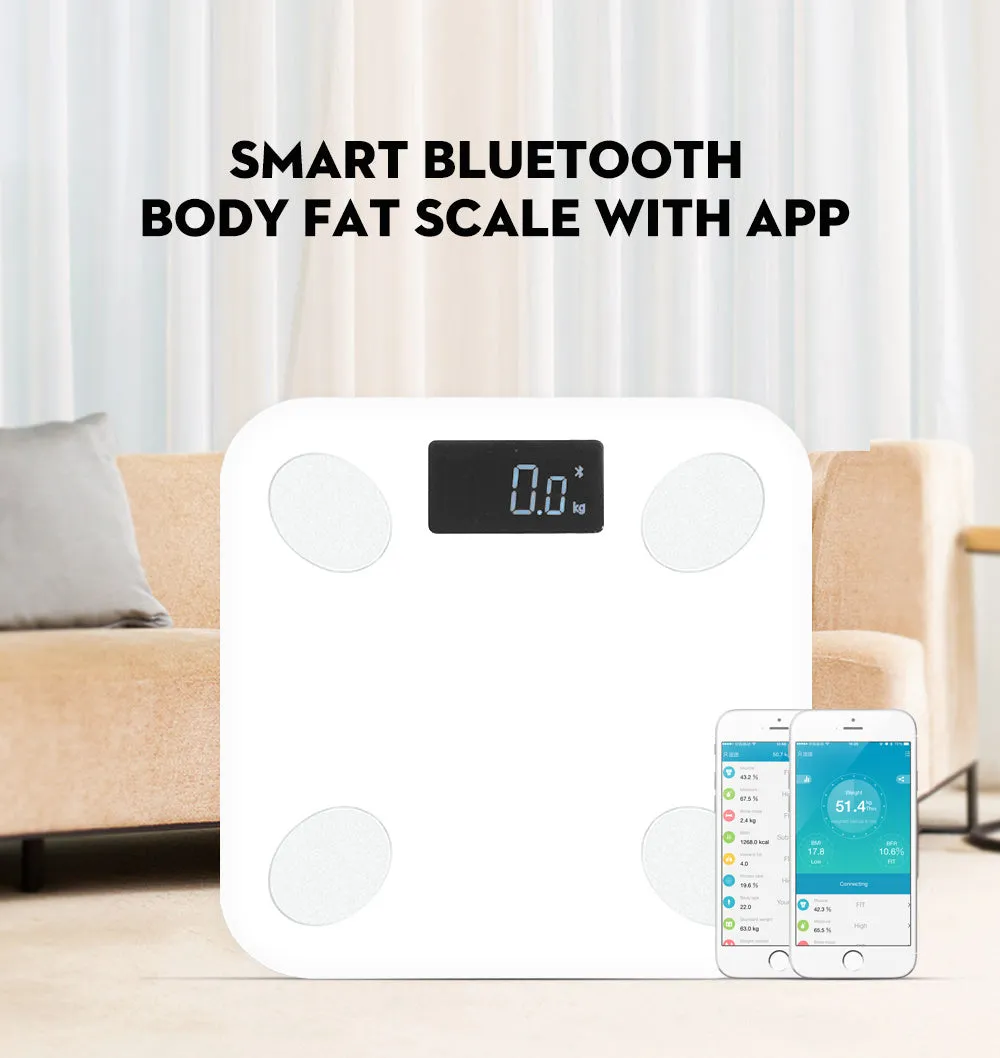 White square electronic weight scale with LCD display showing weight and body fat data