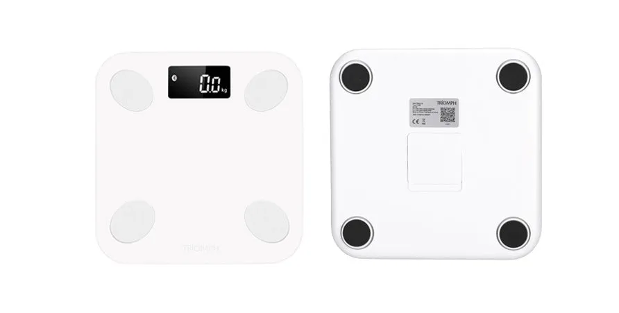 White square electronic weight scale with LCD display showing weight and body fat data