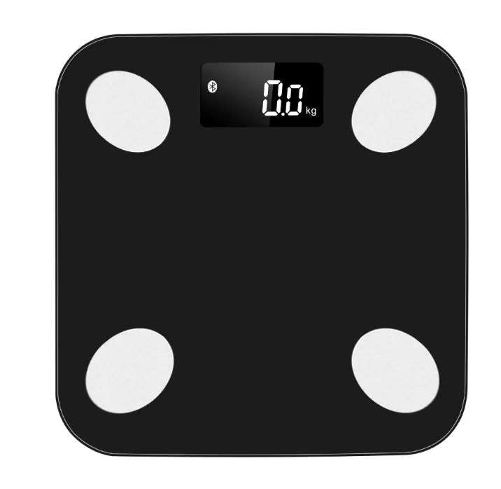 White square electronic weight scale with LCD display showing weight and body fat data