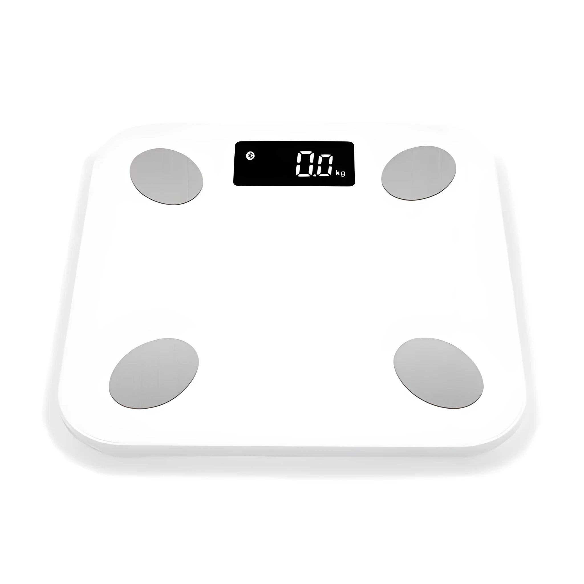 White square electronic weight scale with LCD display showing weight and body fat data
