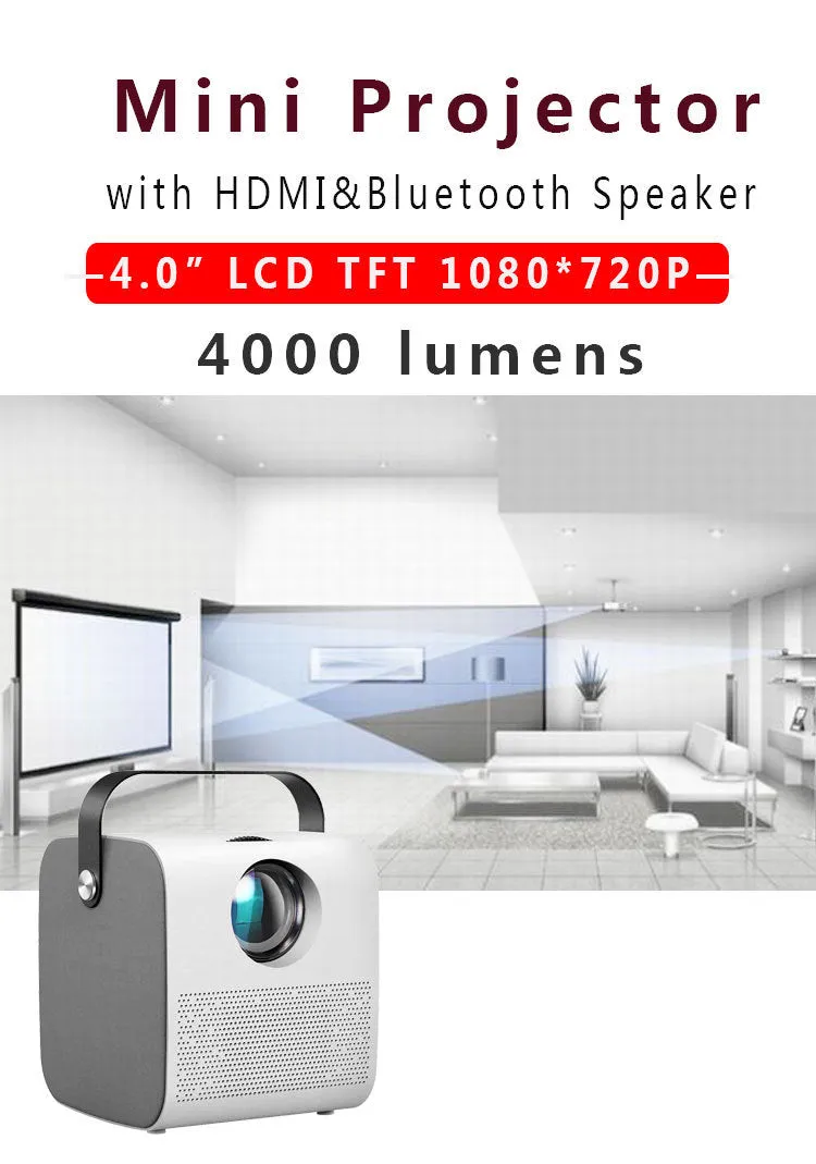 1080P HD portable LCD projector in White with wireless projection support and 3000 lumens