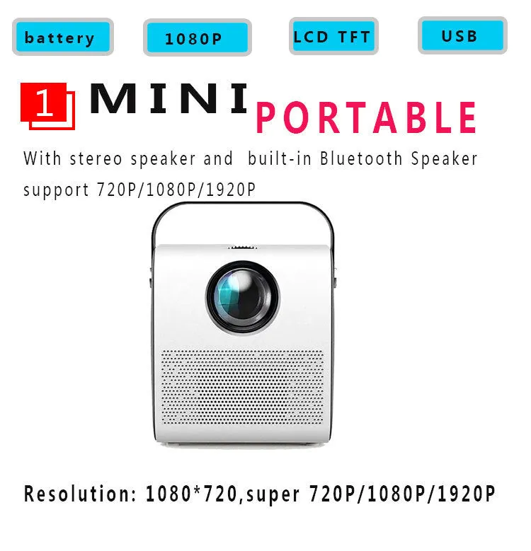 1080P HD portable LCD projector in White with wireless projection support and 3000 lumens