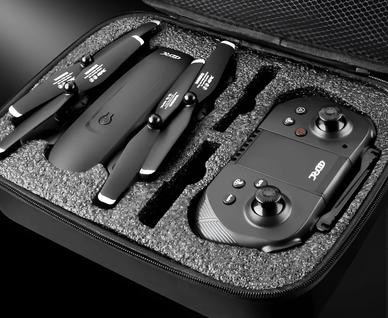 Black folding remote control aircraft with 4K front camera and 1080P bottom camera expanded