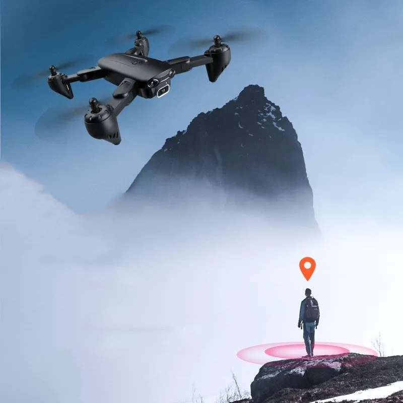 Black folding remote control aircraft with 4K front camera and 1080P bottom camera expanded