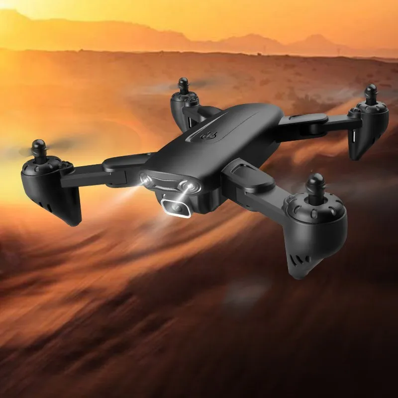 Black folding remote control aircraft with 4K front camera and 1080P bottom camera expanded