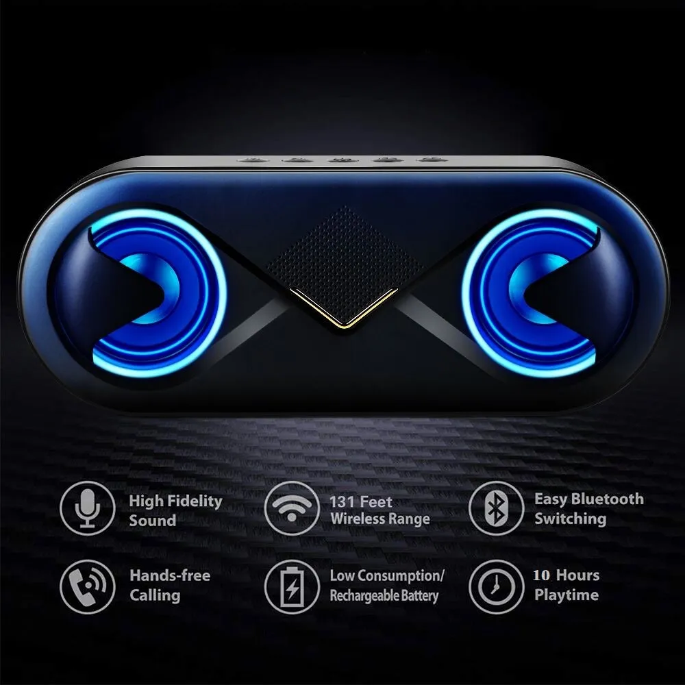 Black Bluetooth speaker with button controls and TF card slot on front