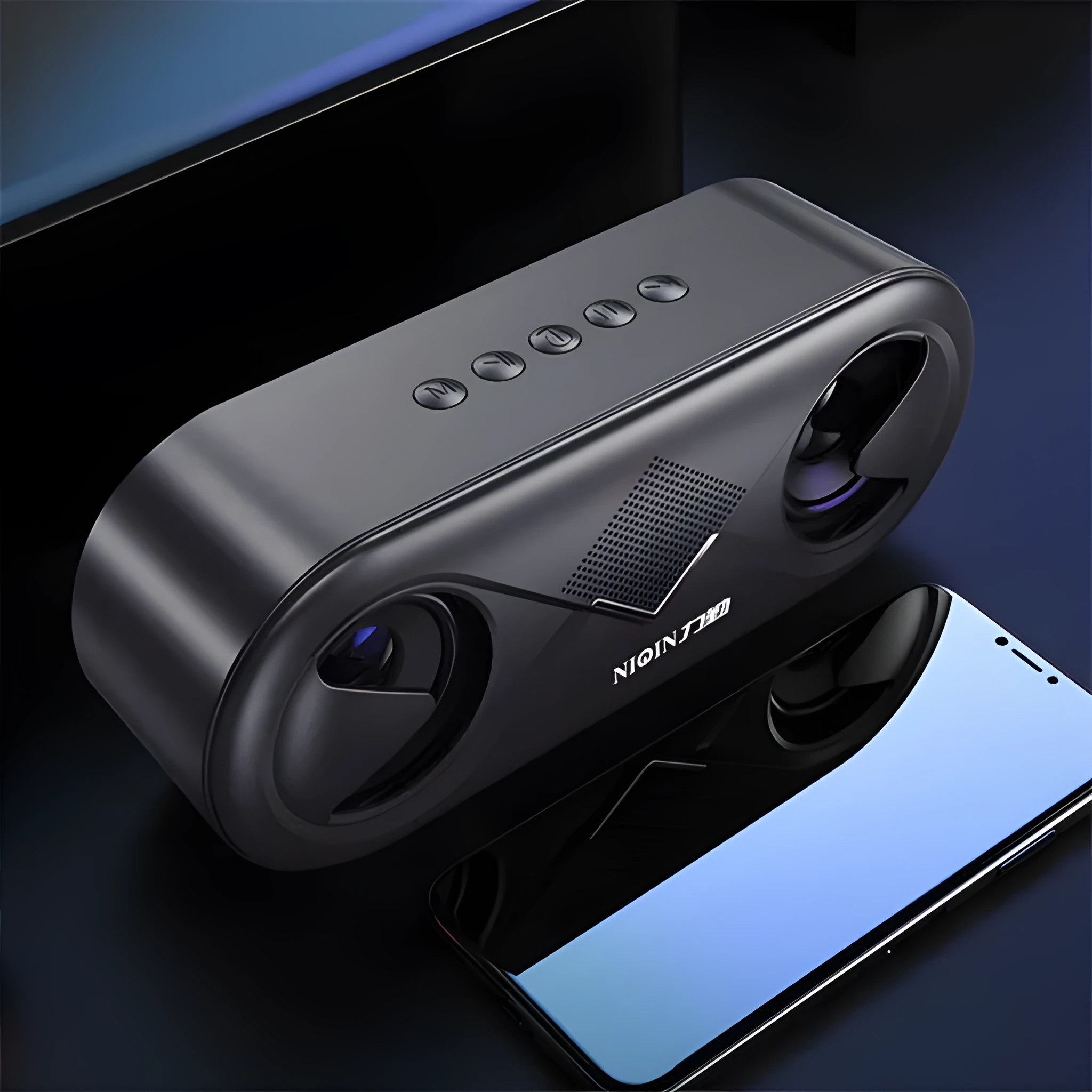 Black Bluetooth speaker with button controls and TF card slot on front