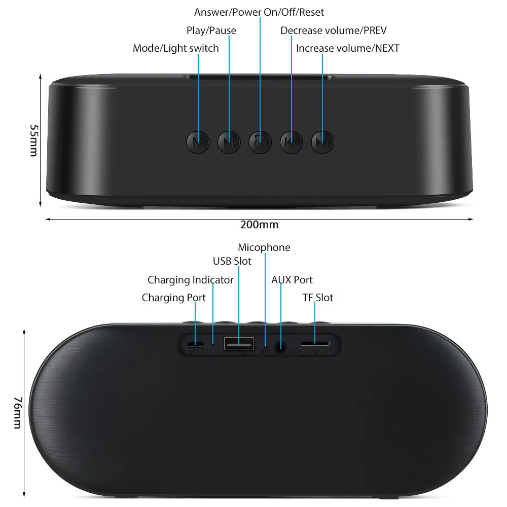 Black Bluetooth speaker with button controls and TF card slot on front