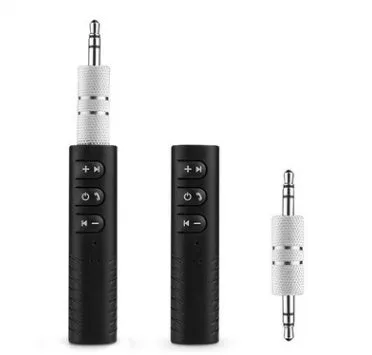 Bluetooth audio receiver with 3.5mm AUX plug in black, featuring V4.1 and 180mAh battery for wireless music and hands-free calls