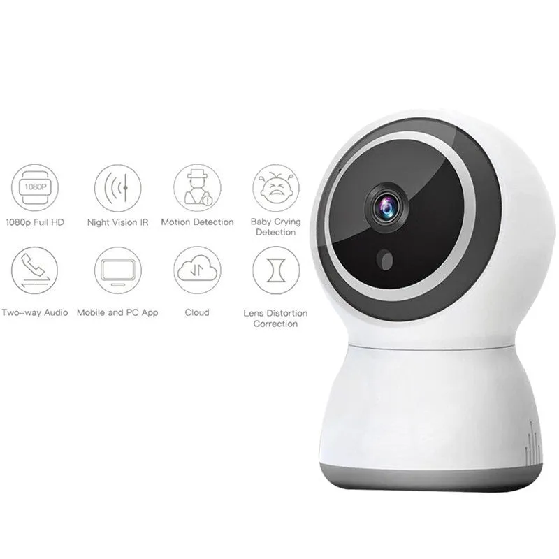Tuya wireless indoor security camera with PTZ and night vision, 75x78x110mm