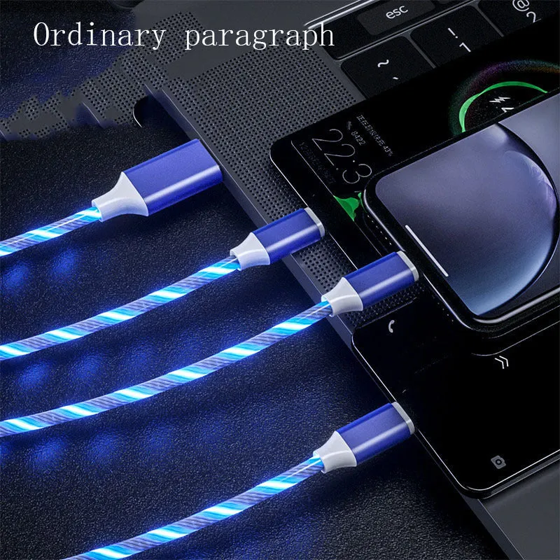 3 in 1 charging cable with LED flowing light, Type-C, Micro USB, and iPhone connectors, 1.25m TPE wire