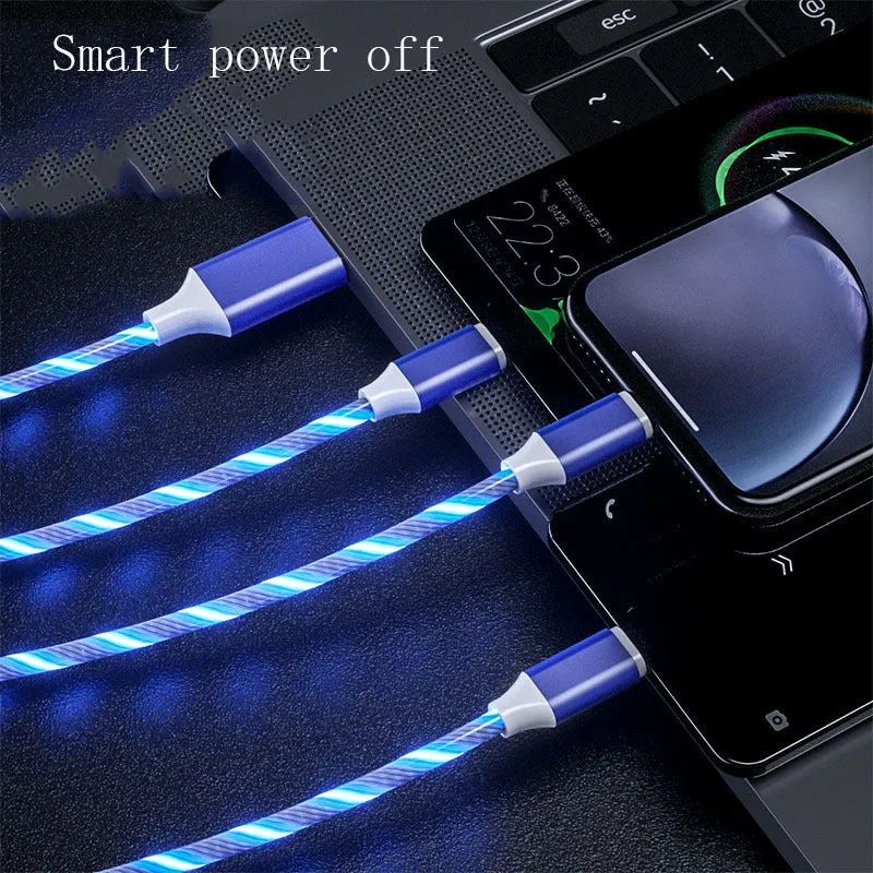 3 in 1 charging cable with LED flowing light, Type-C, Micro USB, and iPhone connectors, 1.25m TPE wire