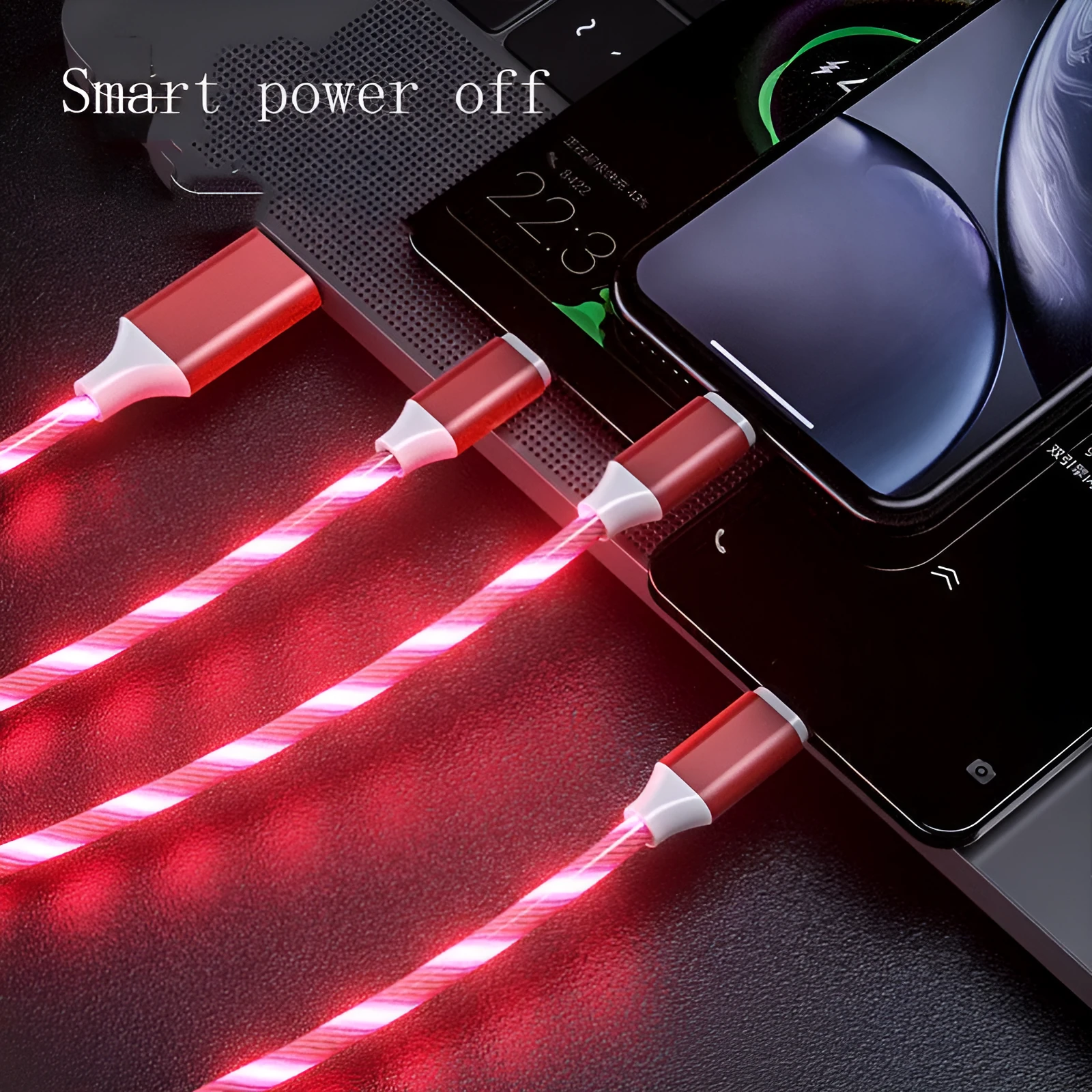 3 in 1 charging cable with LED flowing light, Type-C, Micro USB, and iPhone connectors, 1.25m TPE wire
