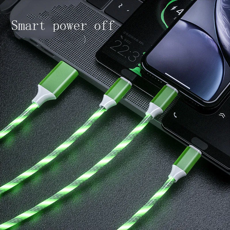 3 in 1 charging cable with LED flowing light, Type-C, Micro USB, and iPhone connectors, 1.25m TPE wire