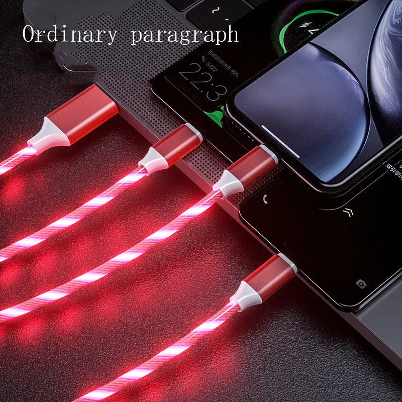 3 in 1 charging cable with LED flowing light, Type-C, Micro USB, and iPhone connectors, 1.25m TPE wire