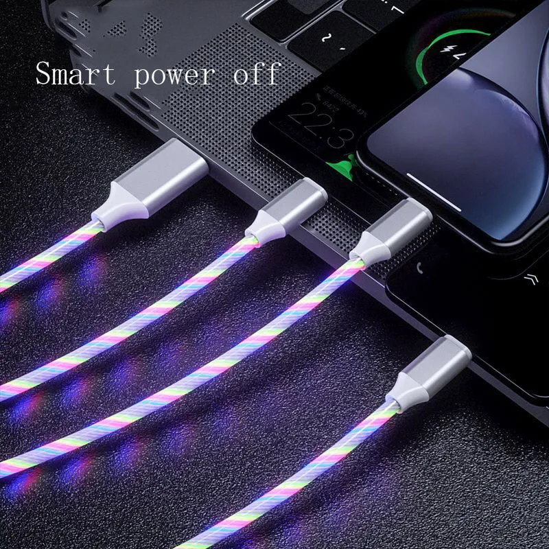 3 in 1 charging cable with LED flowing light, Type-C, Micro USB, and iPhone connectors, 1.25m TPE wire