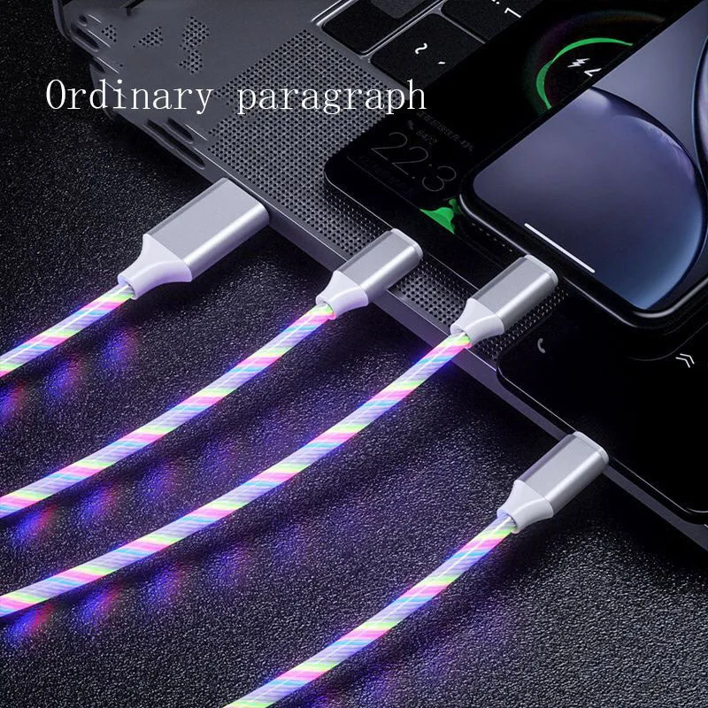 3 in 1 charging cable with LED flowing light, Type-C, Micro USB, and iPhone connectors, 1.25m TPE wire