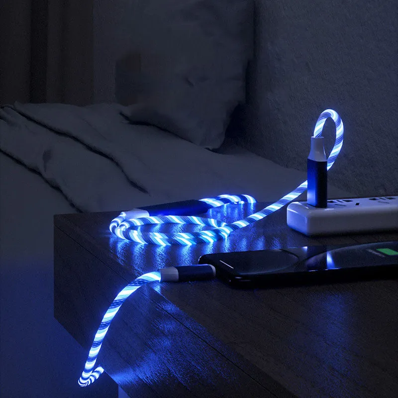 3 in 1 charging cable with LED flowing light, Type-C, Micro USB, and iPhone connectors, 1.25m TPE wire