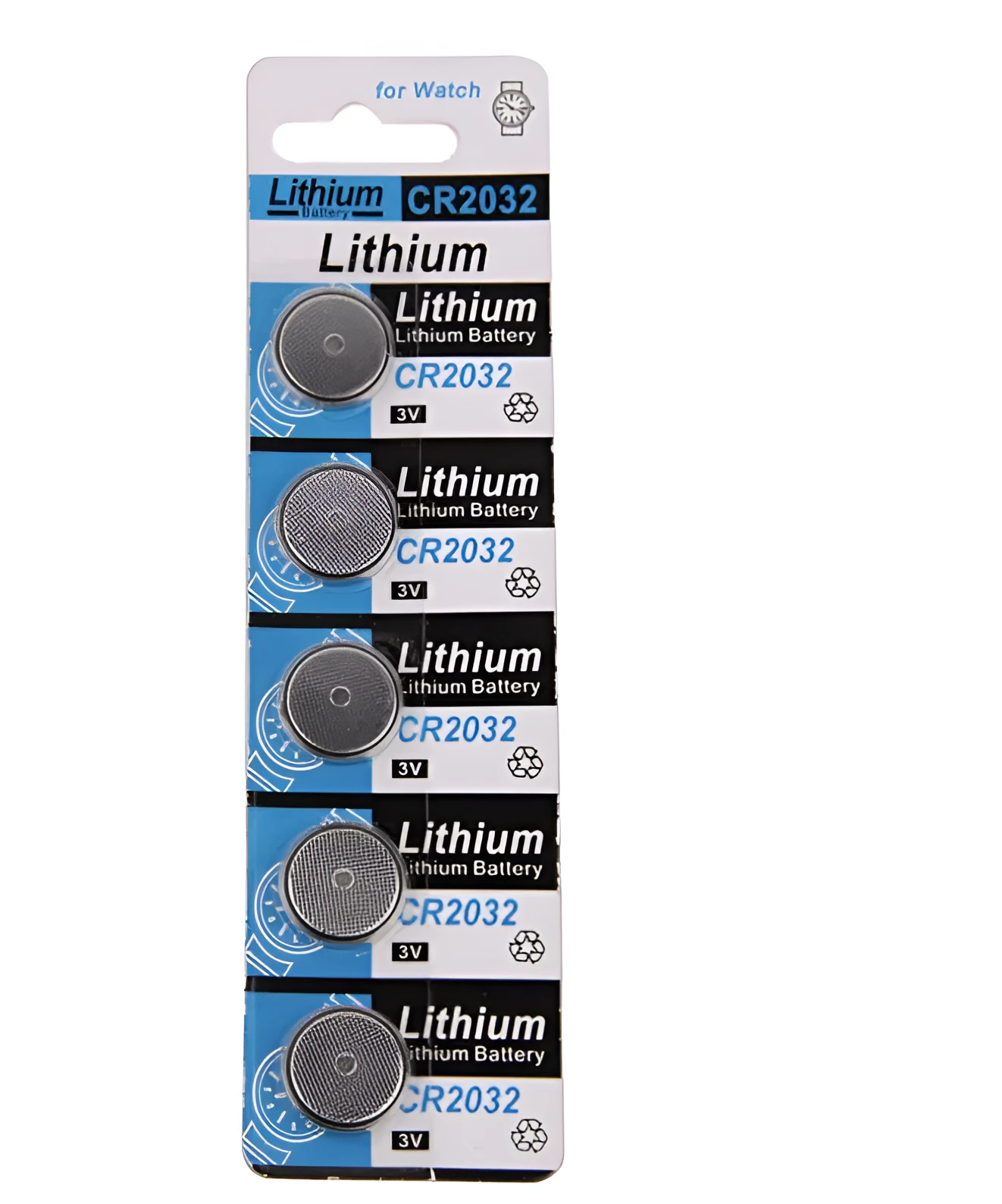 Pack of five CR2032 3V lithium button batteries for electronics.