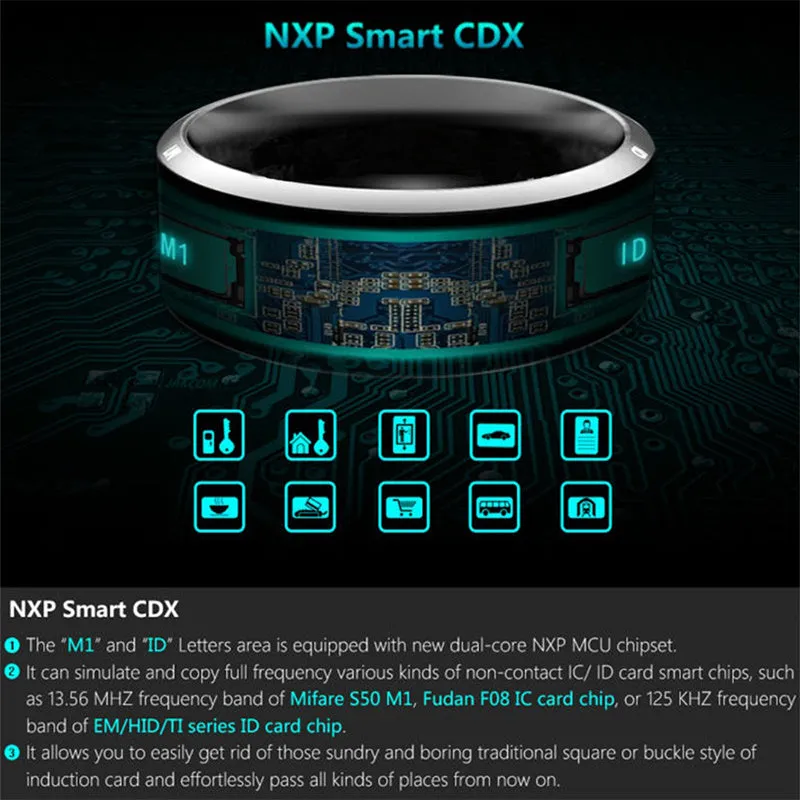 Black NFC ring for Android smartphone with wireless sharing and information push, 22x22x7.9mm, sizes 8 to 12