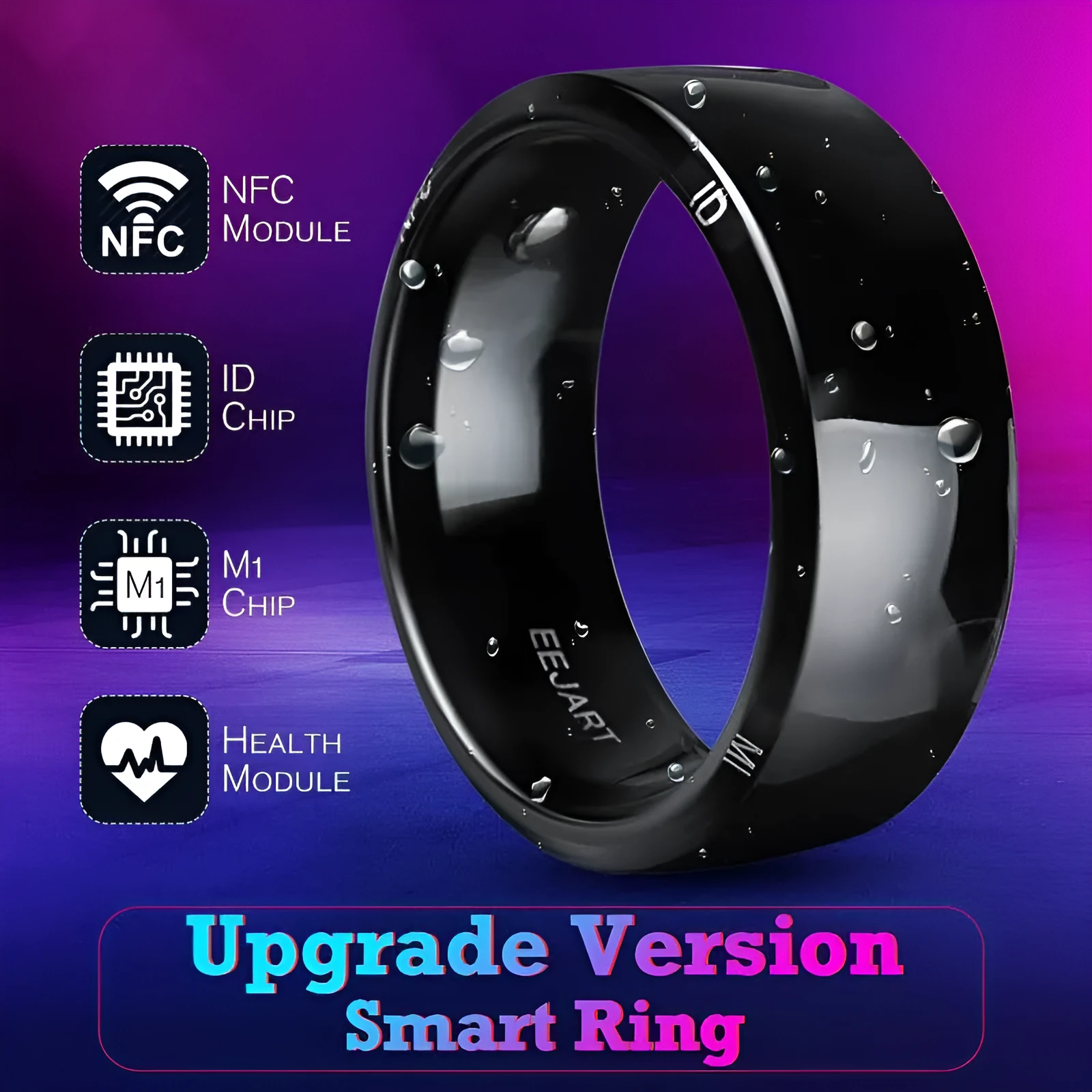 Black NFC ring for Android smartphone with wireless sharing and information push, 22x22x7.9mm, sizes 8 to 12