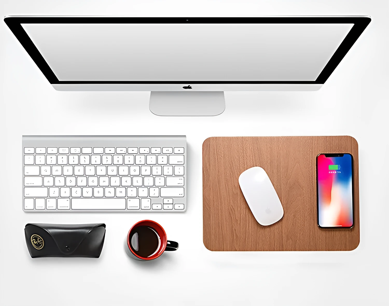 Wooden wireless charger with PU leather surface in brown finish on a desk