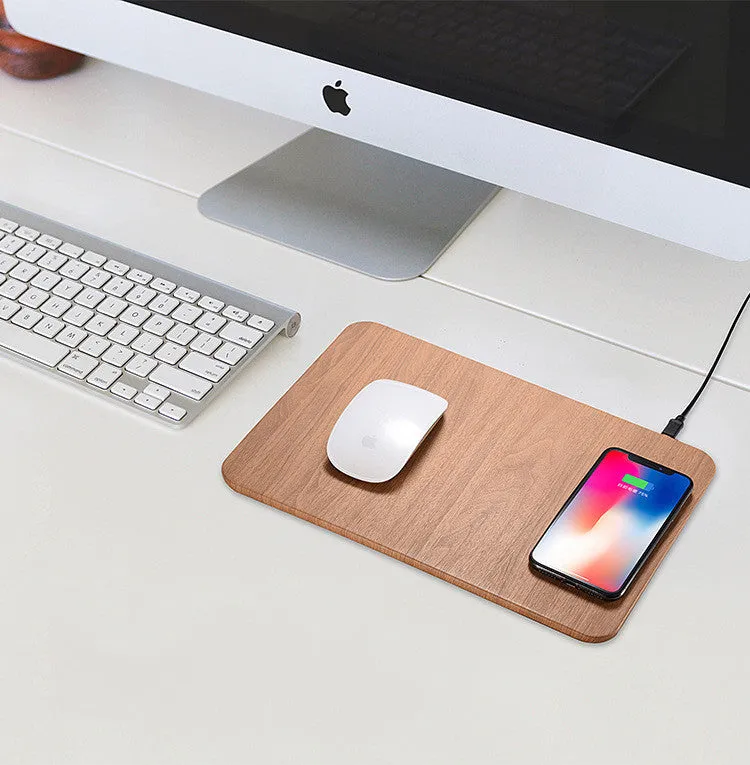 Wooden wireless charger with PU leather surface in brown finish on a desk