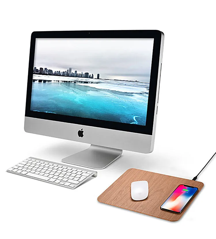 Wooden wireless charger with PU leather surface in brown finish on a desk