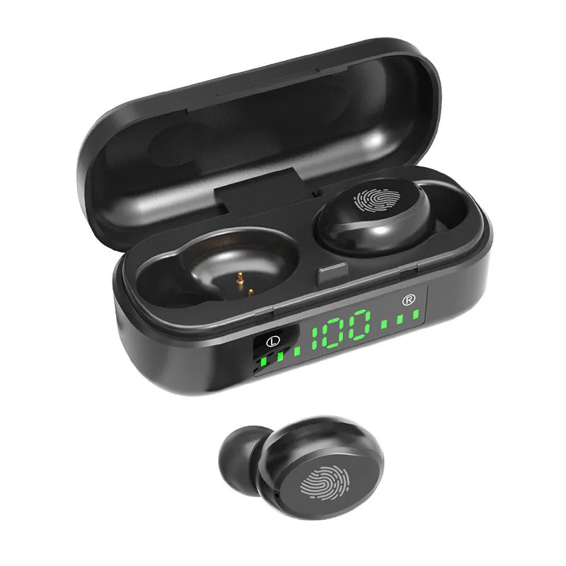 Black Bluetooth earphone with earplug design, battery display, and voice control