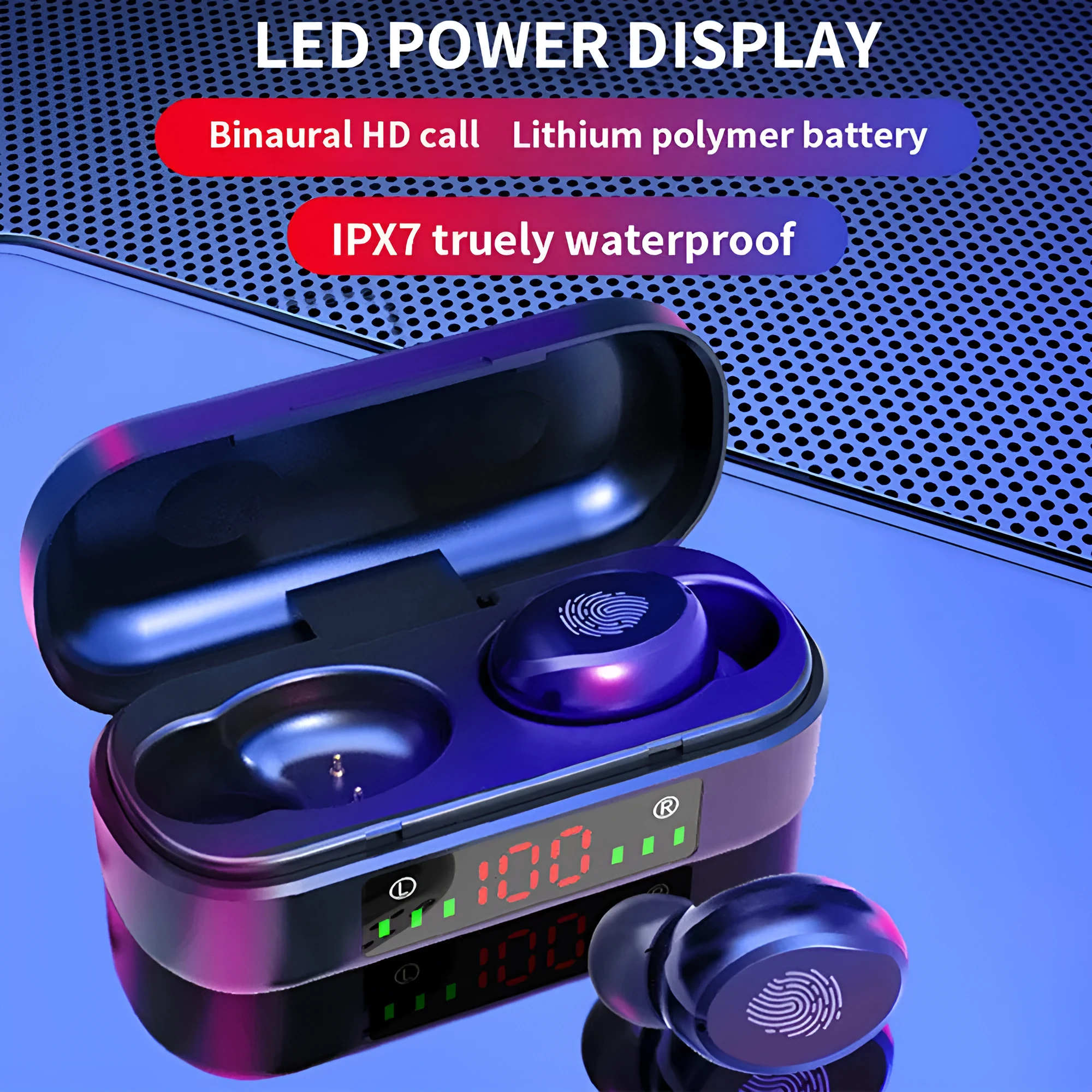 Black Bluetooth earphone with earplug design, battery display, and voice control