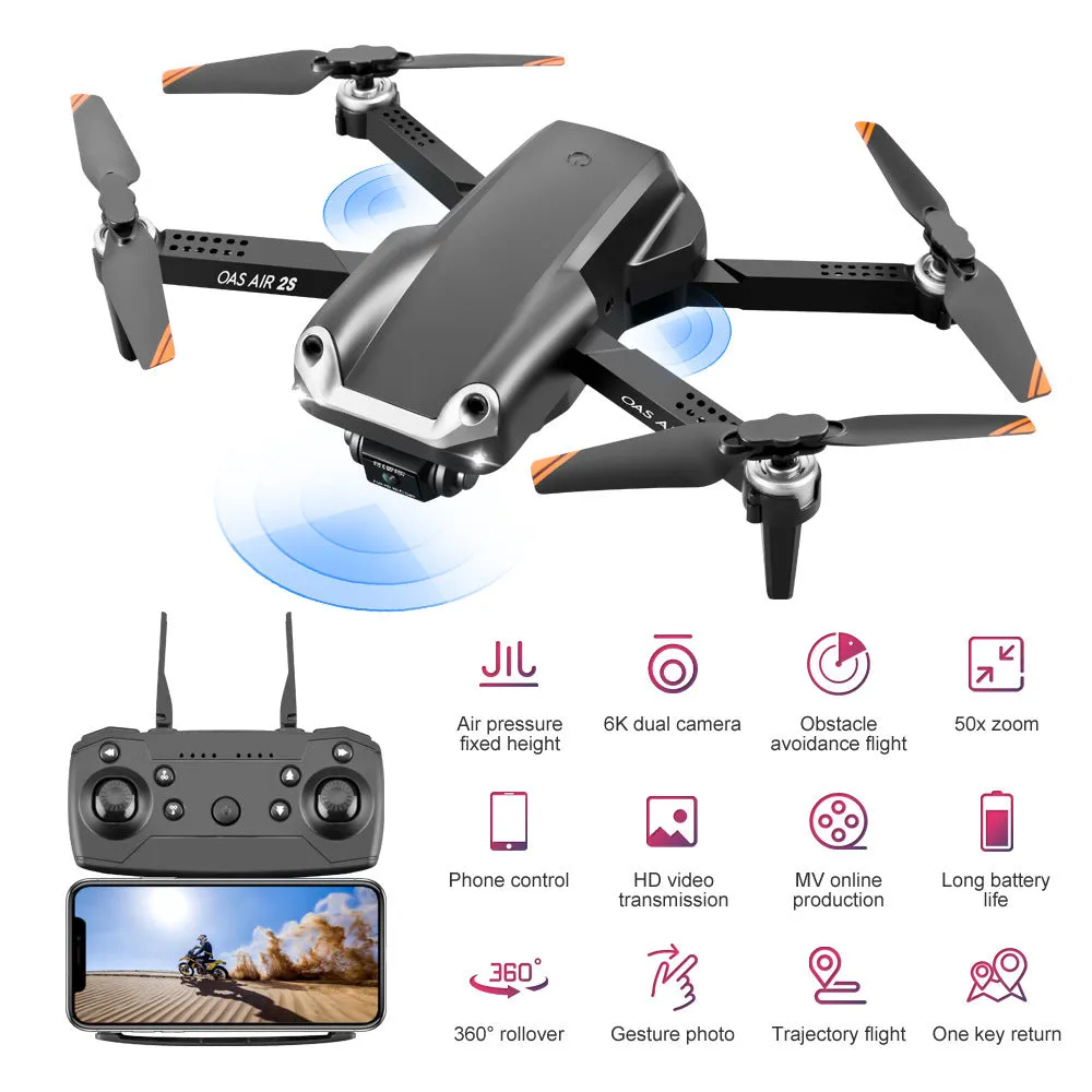 UAV folding four axis drone with 4K dual camera in black plastic, compact size 12.5x9x5cm