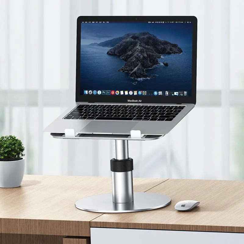 Silver aluminium laptop stand at adjustable height with rotating base and non-slip pads