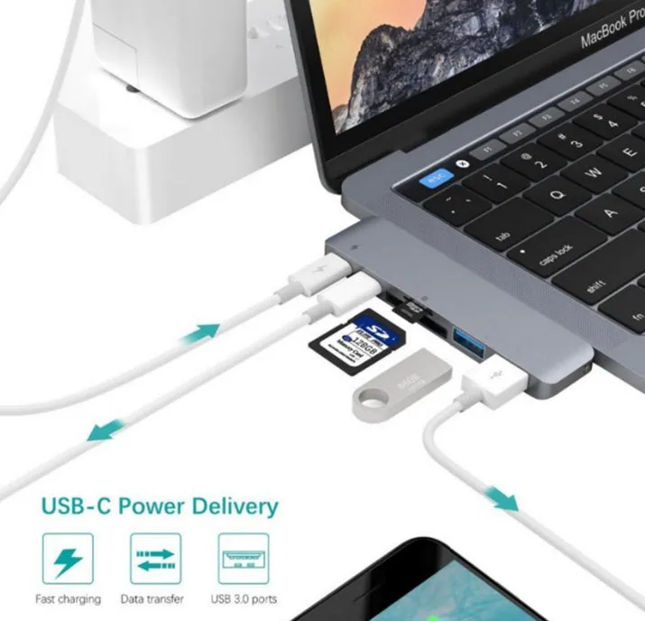 USB Type C Hub Adapter Compatible with Apple iPhone 15 Pro Max Plus, 8-in-1 USB C Hub with 2 USB 3.1 Type-C Ports, PD 3.0 Power Delivery Charging, USB 3.0 Data Transfer, SD and TF Card Reader, Silver Grey