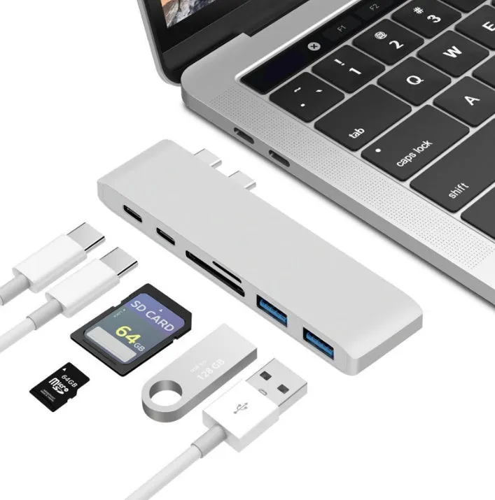 USB Type C Hub Adapter Compatible with Apple iPhone 15 Pro Max Plus, 8-in-1 USB C Hub with 2 USB 3.1 Type-C Ports, PD 3.0 Power Delivery Charging, USB 3.0 Data Transfer, SD and TF Card Reader, Silver Grey