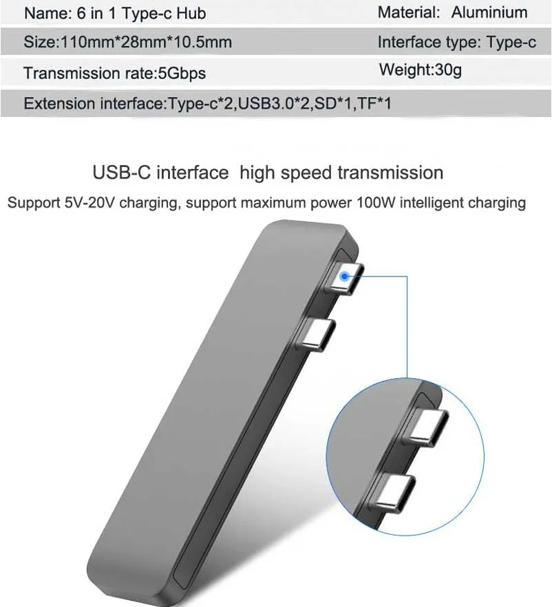 USB Type C Hub Adapter Compatible with Apple iPhone 15 Pro Max Plus, 8-in-1 USB C Hub with 2 USB 3.1 Type-C Ports, PD 3.0 Power Delivery Charging, USB 3.0 Data Transfer, SD and TF Card Reader, Silver Grey