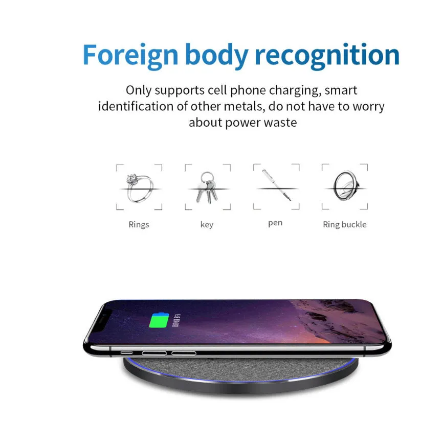 Qi standard 15W ultra-thin aluminium alloy fabric wireless charger disc in Black