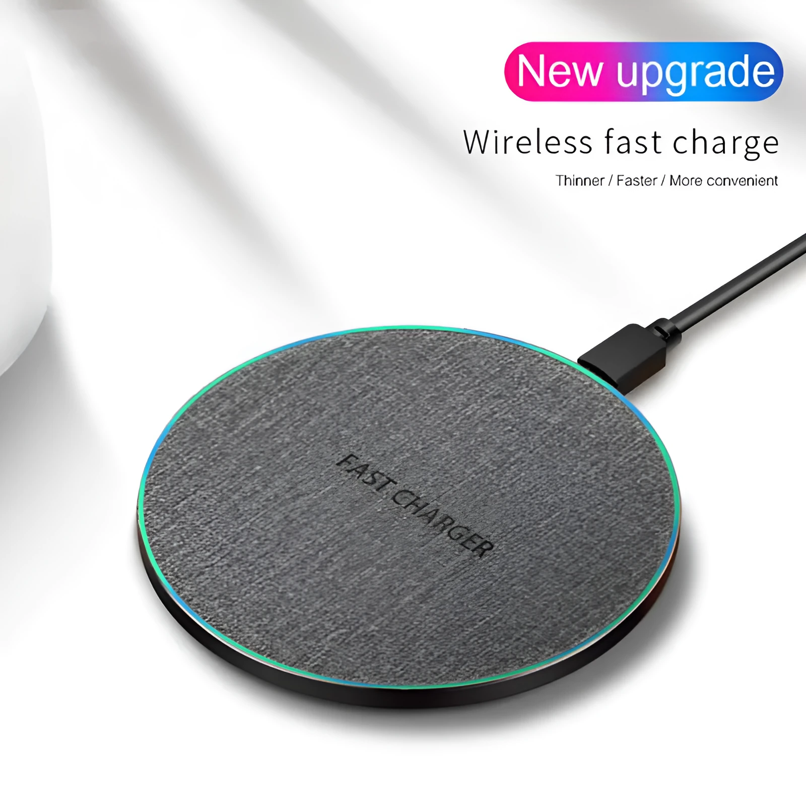 Qi standard 15W ultra-thin aluminium alloy fabric wireless charger disc in Black