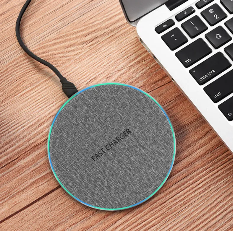 Qi standard 15W ultra-thin aluminium alloy fabric wireless charger disc in Black